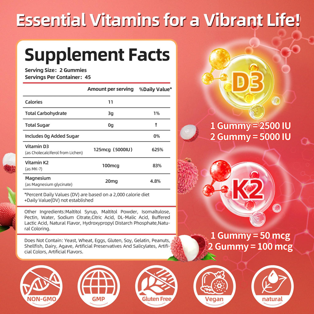 Vitamin D3 K2 Gummies w/Magnesium Sugar Free - 90 Count | D3 Vitamin 5,000 IU + K2(MK-7) 100 mcg - Vegan K2 D3 Vitamin Supplement, Highly Absorbent Supports Bone - FENGGESTORE20