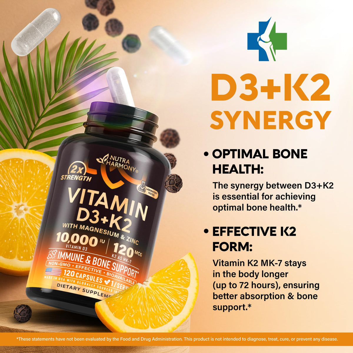 Vitamin D3 K2 - Vitamin D3 10000 iu & K2 as MK-7 120 mcg - Immune & Mood Support, for Bone & Teeth Health - with Magnesium, Zinc & Vitamin C & B12 - Highly Bioavailable - Made in USA, 120 Capsules - FENGGESTORE20