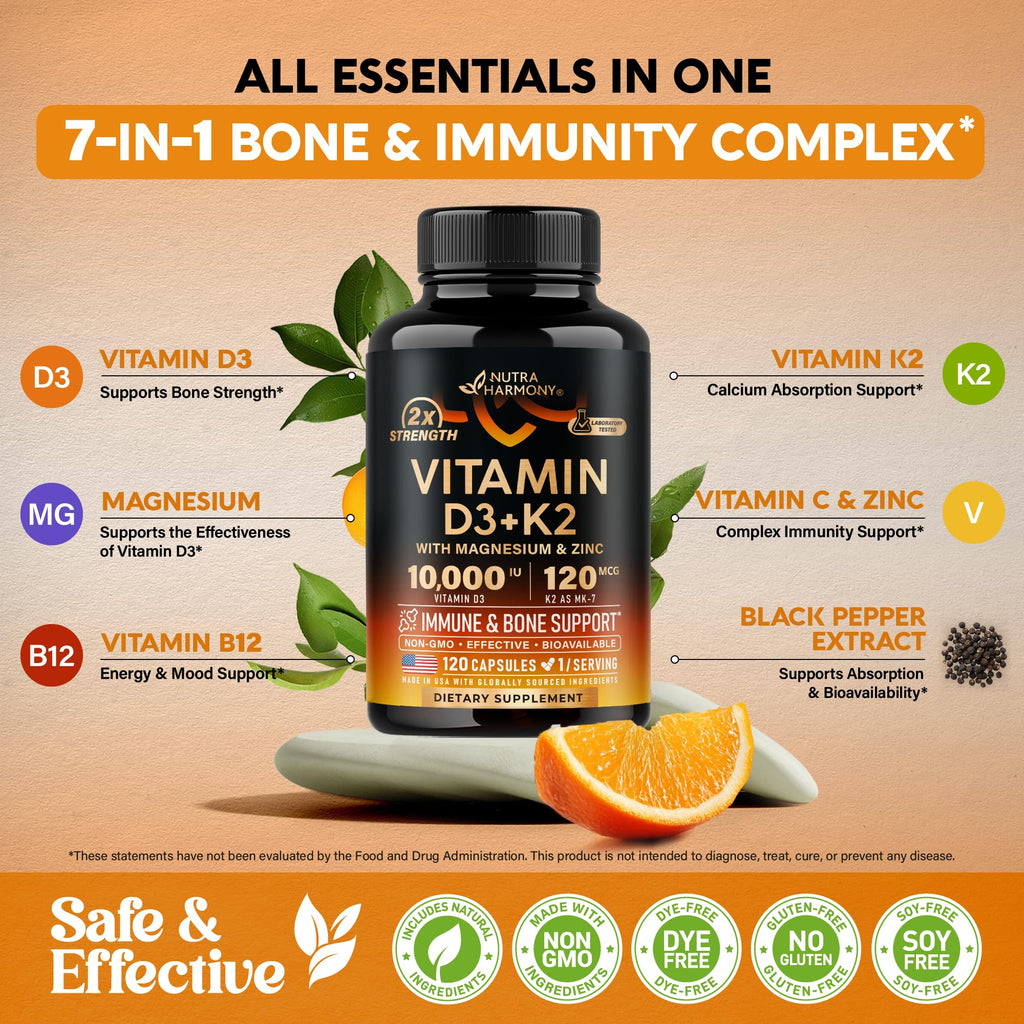 Vitamin D3 K2 - Vitamin D3 10000 iu & K2 as MK-7 120 mcg - Immune & Mood Support, for Bone & Teeth Health - with Magnesium, Zinc & Vitamin C & B12 - Highly Bioavailable - Made in USA, 120 Capsules - FENGGESTORE20