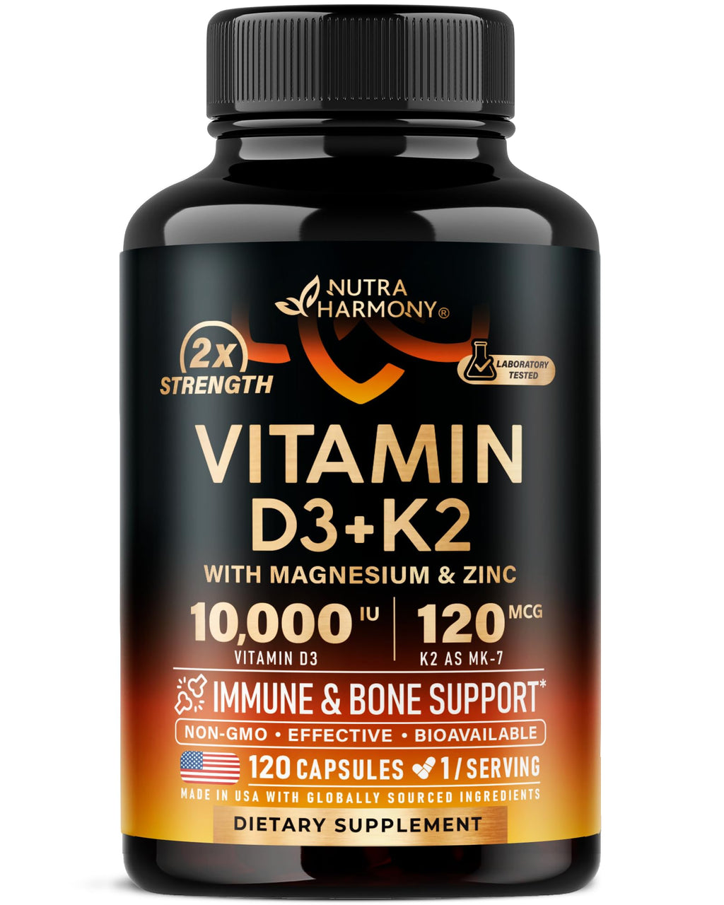 Vitamin D3 K2 - Vitamin D3 10000 iu & K2 as MK-7 120 mcg - Immune & Mood Support, for Bone & Teeth Health - with Magnesium, Zinc & Vitamin C & B12 - Highly Bioavailable - Made in USA, 120 Capsules - FENGGESTORE20