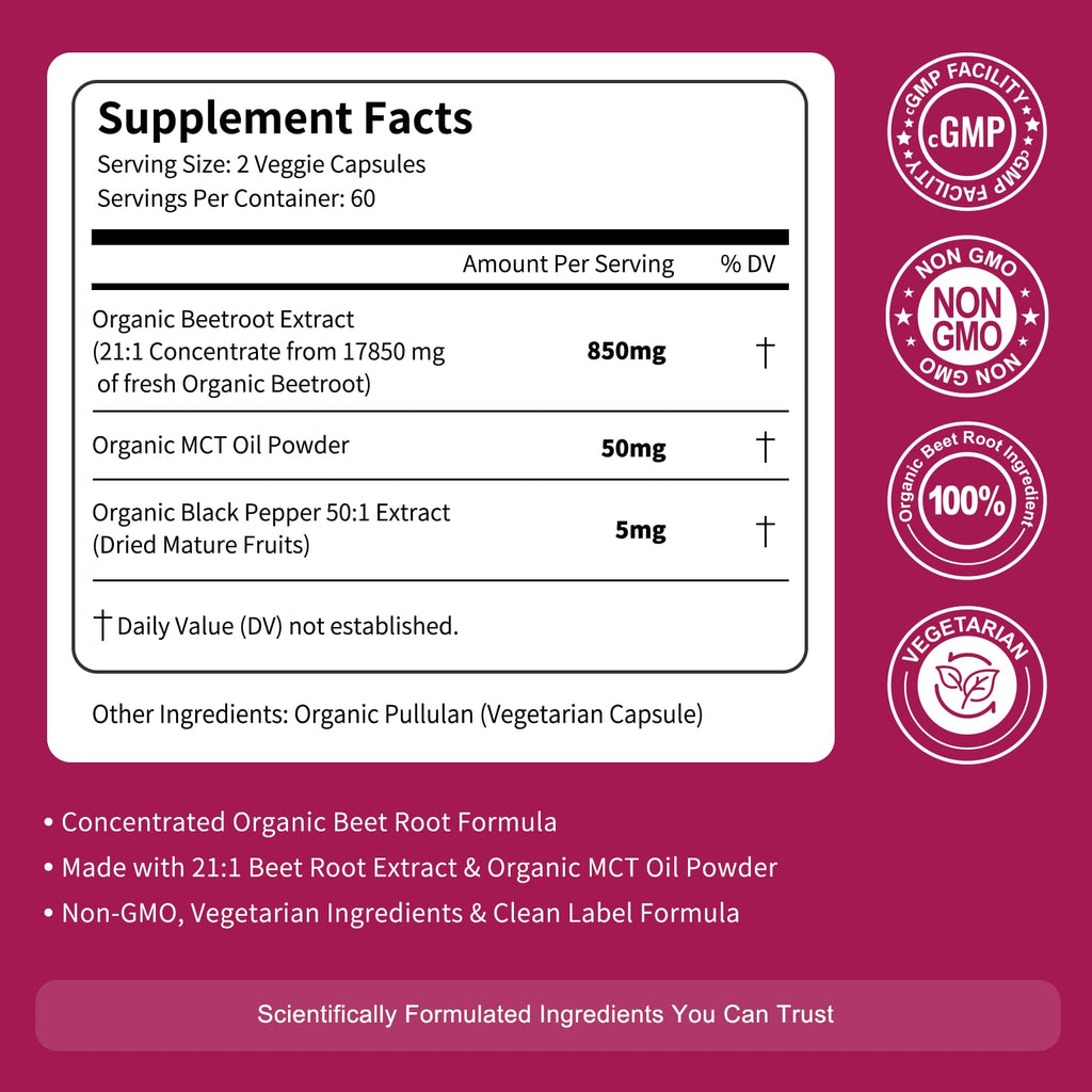Vitarevive Organic Beet Root Capsules with Beetroot Extract 17850mg 21:1 Concentrated Beetroot Supplement Supports Circulation and Nitric Oxide - FENGGESTORE20