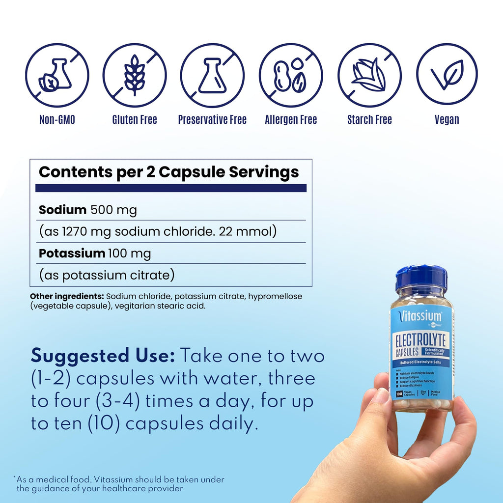 Vitassium Electrolyte Capsules, Electrolytes for The Management of POTS and High Sodium Diets (500mg Sodium - 100mg Potassium) - FENGGESTORE20