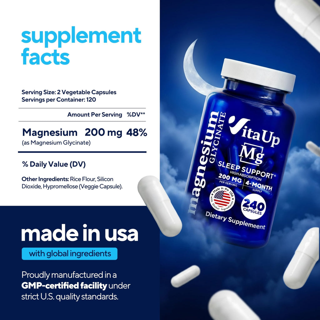 VitaUp Magnesium Glycinate 200mg - USA Made, Highly Absorbed, Non-GMO Magnesium for Relaxation, Deep Sleep, Bones & Heart - 200mg per Serving, 120 Vegan Capsules - FENGGESTORE20
