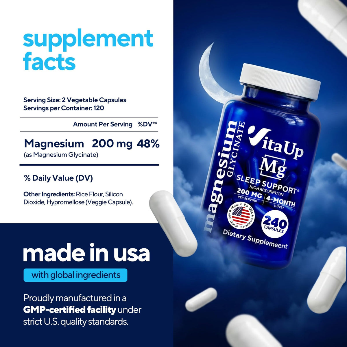 VitaUp Magnesium Glycinate 200mg - USA Made, Highly Absorbed, Non-GMO Magnesium for Relaxation, Deep Sleep, Bones & Heart - 200mg per Serving, 120 Vegan Capsules - FENGGESTORE20