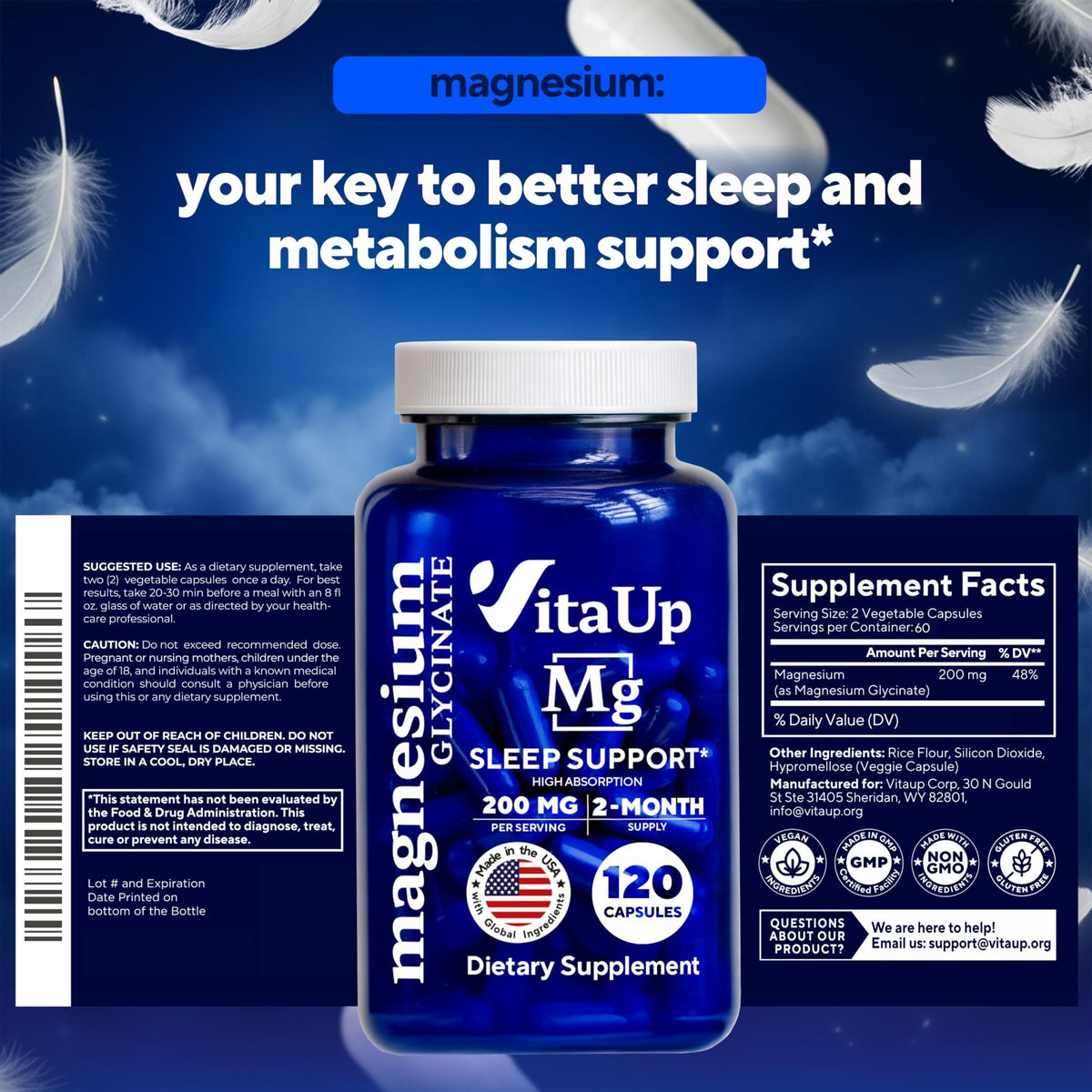 VitaUp Magnesium Glycinate 200mg - USA Made, Highly Absorbed, Non-GMO Magnesium for Relaxation, Deep Sleep, Bones & Heart - 200mg per Serving, 120 Vegan Capsules - FENGGESTORE20