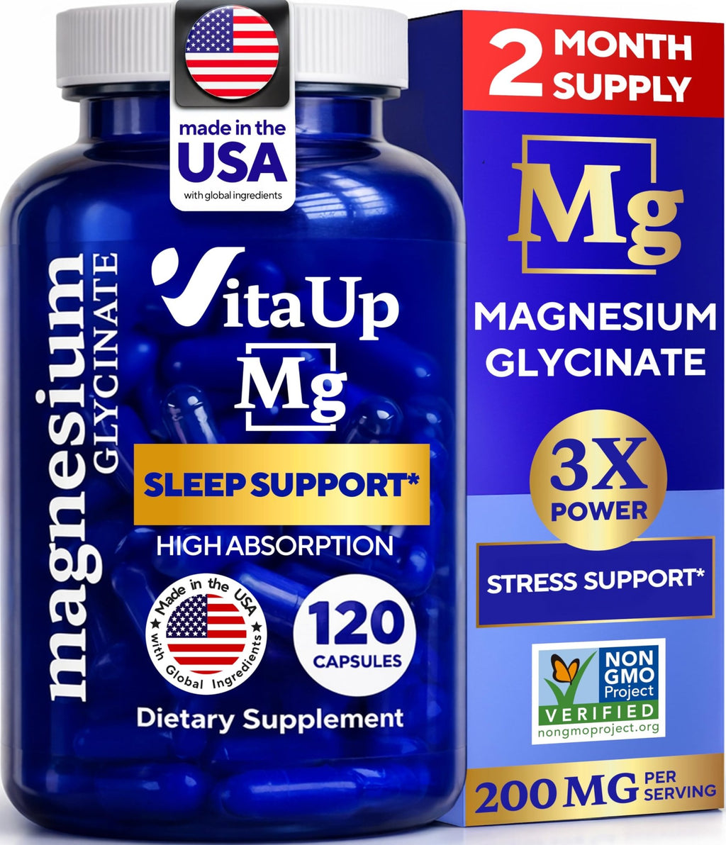 VitaUp Magnesium Glycinate 200mg - USA Made, Highly Absorbed, Non-GMO Magnesium for Relaxation, Deep Sleep, Bones & Heart - 200mg per Serving, 120 Vegan Capsules - FENGGESTORE20