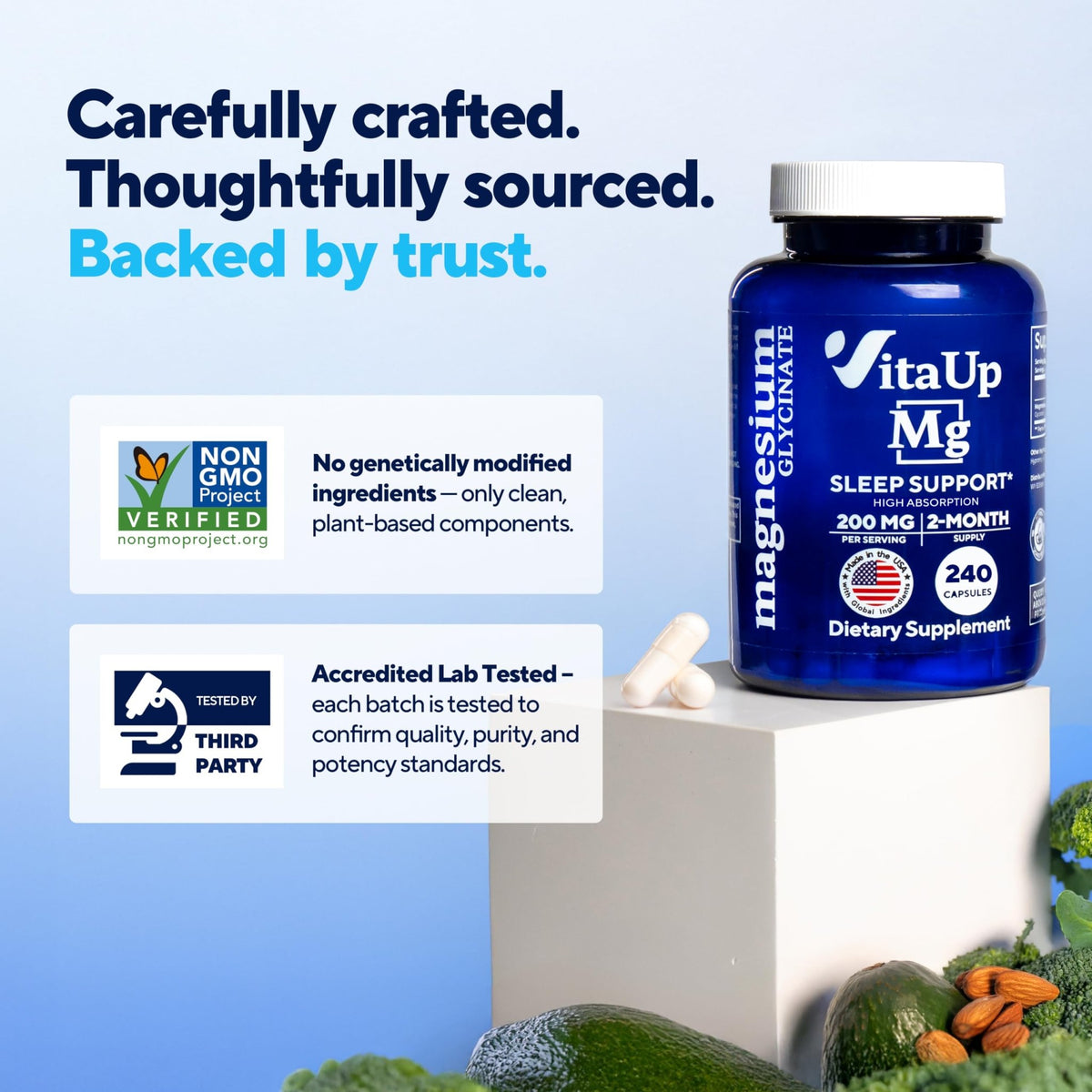 VitaUp Magnesium Glycinate 200mg - USA Made, Highly Absorbed, Non-GMO Magnesium for Relaxation, Deep Sleep, Bones & Heart - 200mg per Serving, 120 Vegan Capsules - FENGGESTORE20
