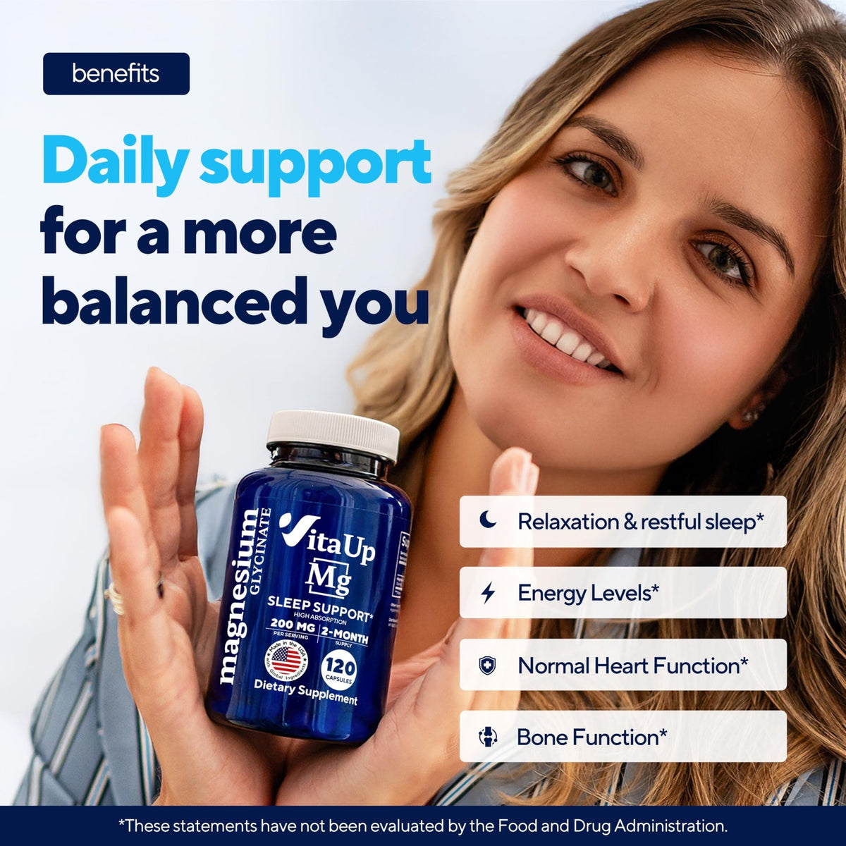 VitaUp Magnesium Glycinate 200mg - USA Made, Highly Absorbed, Non-GMO Magnesium for Relaxation, Deep Sleep, Bones & Heart - 200mg per Serving, 120 Vegan Capsules - FENGGESTORE20