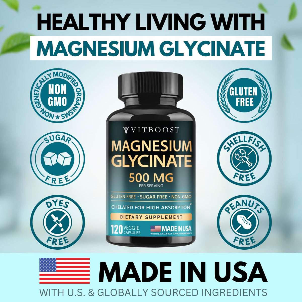 VITBOOST Magnesium Glycinate 500mg - High Absorption Chelated Supplement - Supports Sleep, Muscle Recovery & Heart Health - Non-GMO, Vegan - 120 Capsules - Made in USA - FENGGESTORE20