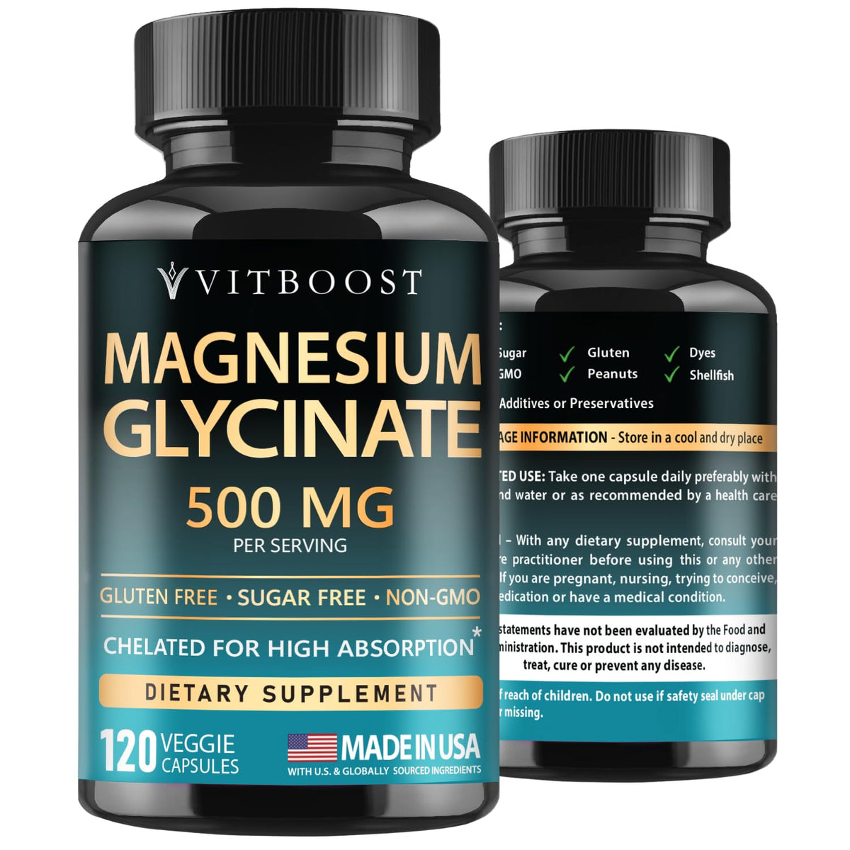 VITBOOST Magnesium Glycinate 500mg - High Absorption Chelated Supplement - Supports Sleep, Muscle Recovery & Heart Health - Non-GMO, Vegan - 120 Capsules - Made in USA - FENGGESTORE20