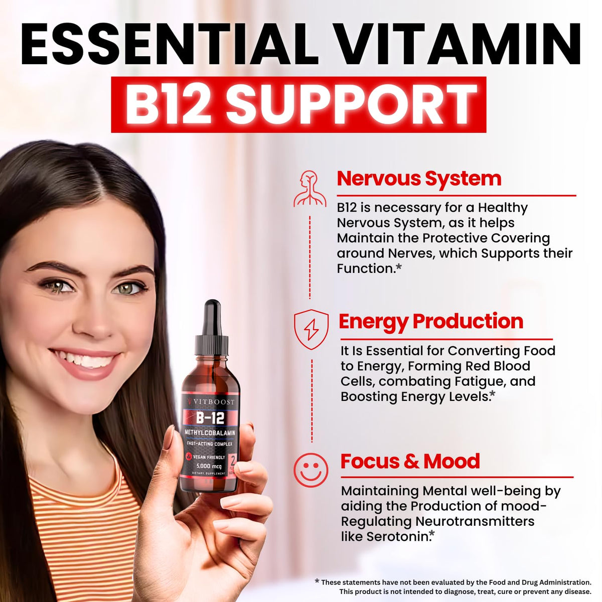 VITBOOST Vegan Liquid B-12 Drops – 60 x 5000 mcg Extra Strength Raspberry Flavored Vitamin B12 Liquid Methylcobalamin sublingual Supplement | Designed to Maximize Absorption - FENGGESTORE20