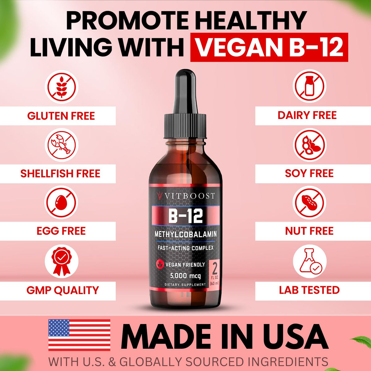 VITBOOST Vegan Liquid B-12 Drops – 60 x 5000 mcg Extra Strength Raspberry Flavored Vitamin B12 Liquid Methylcobalamin sublingual Supplement | Designed to Maximize Absorption - FENGGESTORE20
