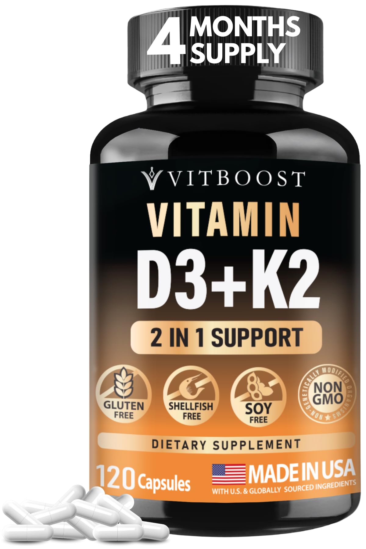VITBOOST Vitamin D3 K2 Complex - Easy to Swallow - Vitamin D (D3) 5000 IU (125 mcg) & K2(MK-7) 90 mcg | Non-GMO | Gluten-Free - FENGGESTORE20