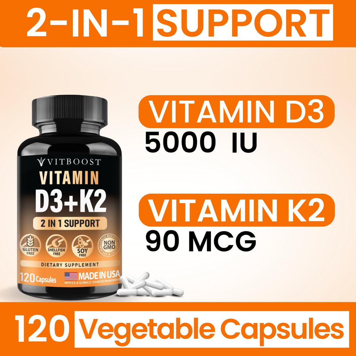 VITBOOST Vitamin D3 K2 Complex - Easy to Swallow - Vitamin D (D3) 5000 IU (125 mcg) & K2(MK-7) 90 mcg | Non-GMO | Gluten-Free - FENGGESTORE20
