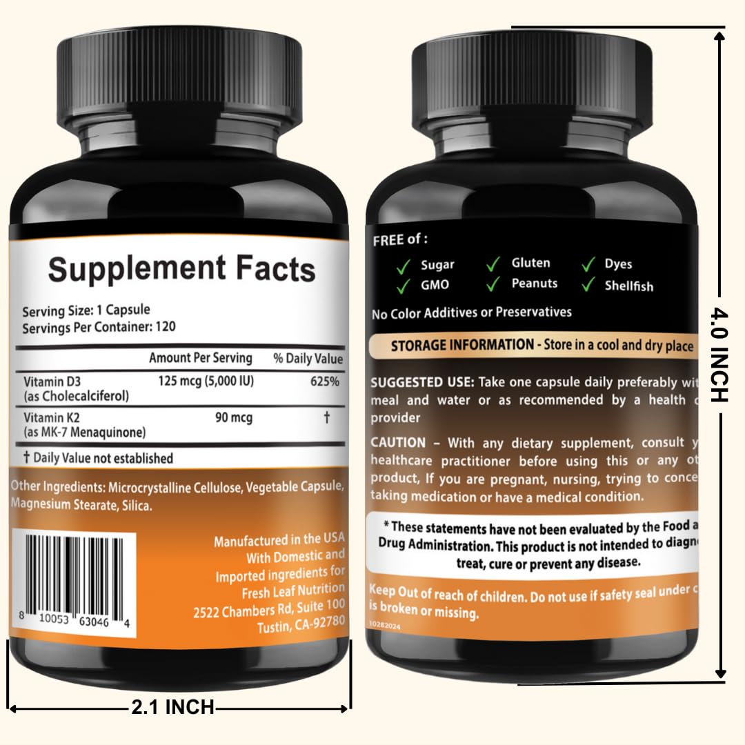 VITBOOST Vitamin D3 K2 Complex - Easy to Swallow - Vitamin D (D3) 5000 IU (125 mcg) & K2(MK-7) 90 mcg | Non-GMO | Gluten-Free - FENGGESTORE20