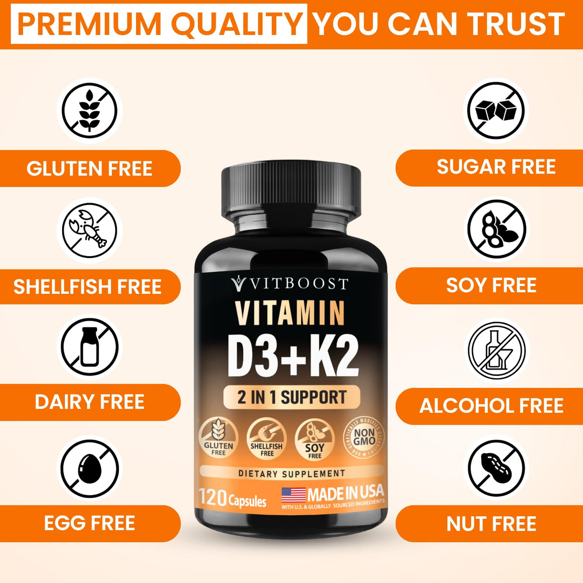 VITBOOST Vitamin D3 K2 Complex - Easy to Swallow - Vitamin D (D3) 5000 IU (125 mcg) & K2(MK-7) 90 mcg | Non-GMO | Gluten-Free - FENGGESTORE20