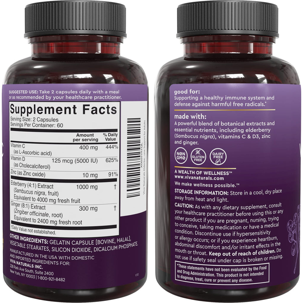 Viva Naturals Elderberry with Vitamin C and Zinc for Adults - 5 in 1 Sambucus Black Elderberry Capsules with Vitamin D3 5000 IU Immunity Supplement - FENGGESTORE20