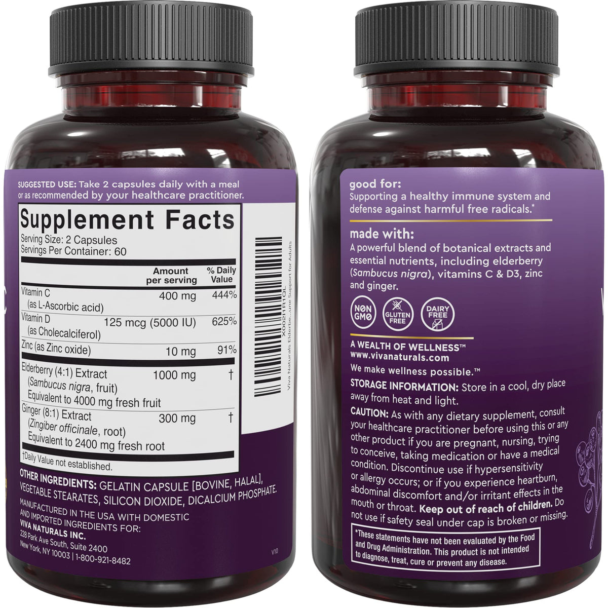 Viva Naturals Elderberry with Vitamin C and Zinc for Adults - 5 in 1 Sambucus Black Elderberry Capsules with Vitamin D3 5000 IU Immunity Supplement - FENGGESTORE20