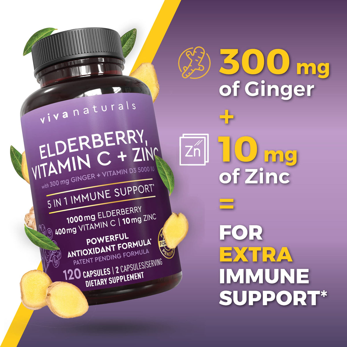 Viva Naturals Elderberry with Vitamin C and Zinc for Adults - 5 in 1 Sambucus Black Elderberry Capsules with Vitamin D3 5000 IU Immunity Supplement - FENGGESTORE20