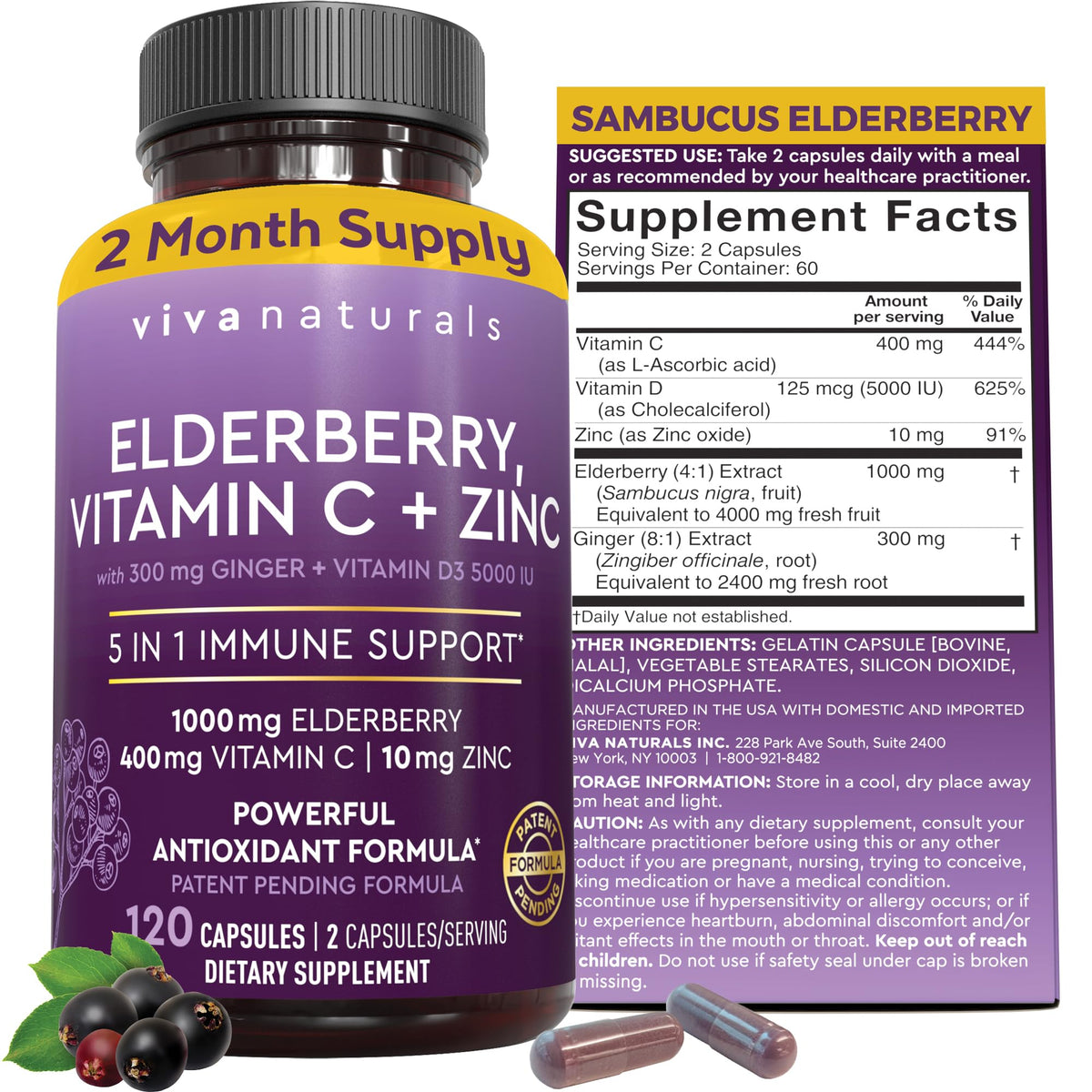 Viva Naturals Elderberry with Vitamin C and Zinc for Adults - 5 in 1 Sambucus Black Elderberry Capsules with Vitamin D3 5000 IU Immunity Supplement - FENGGESTORE20