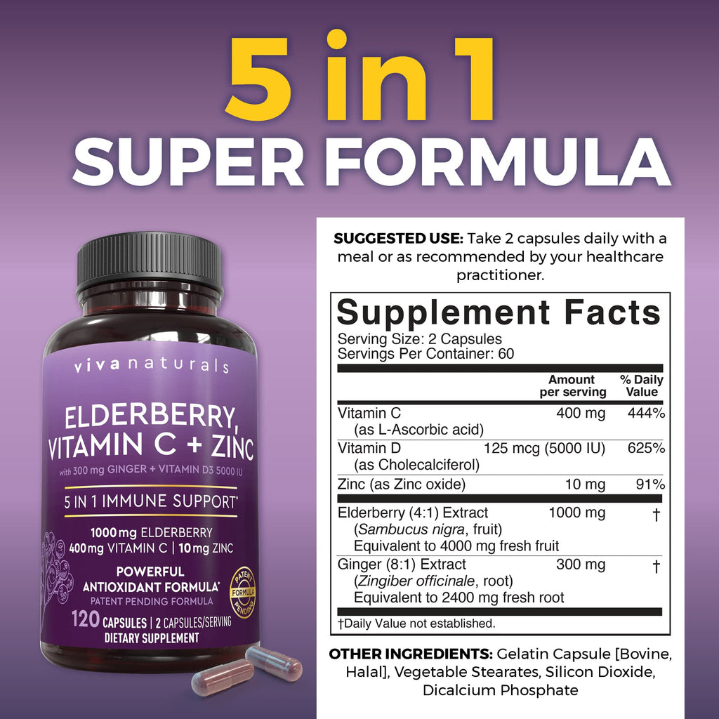 Viva Naturals Elderberry with Vitamin C and Zinc for Adults - 5 in 1 Sambucus Black Elderberry Capsules with Vitamin D3 5000 IU Immunity Supplement - FENGGESTORE20