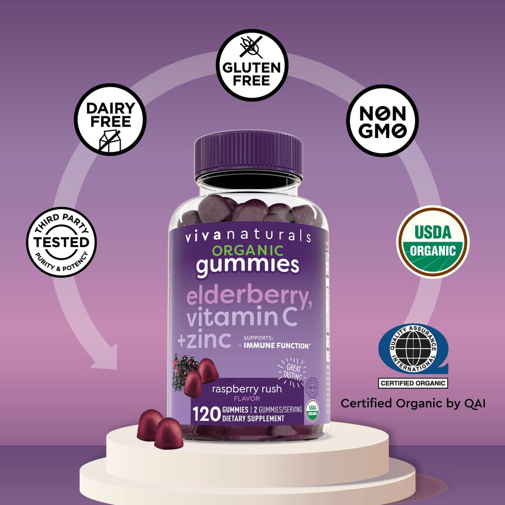 Viva Naturals Sambucus Elderberry Gummies for Adults - 150mg Black Elderberry Vitamin C and Zinc, 3-in-1 Daily Immune Support Gummies, Raspberry Rush Flavor - FENGGESTORE20
