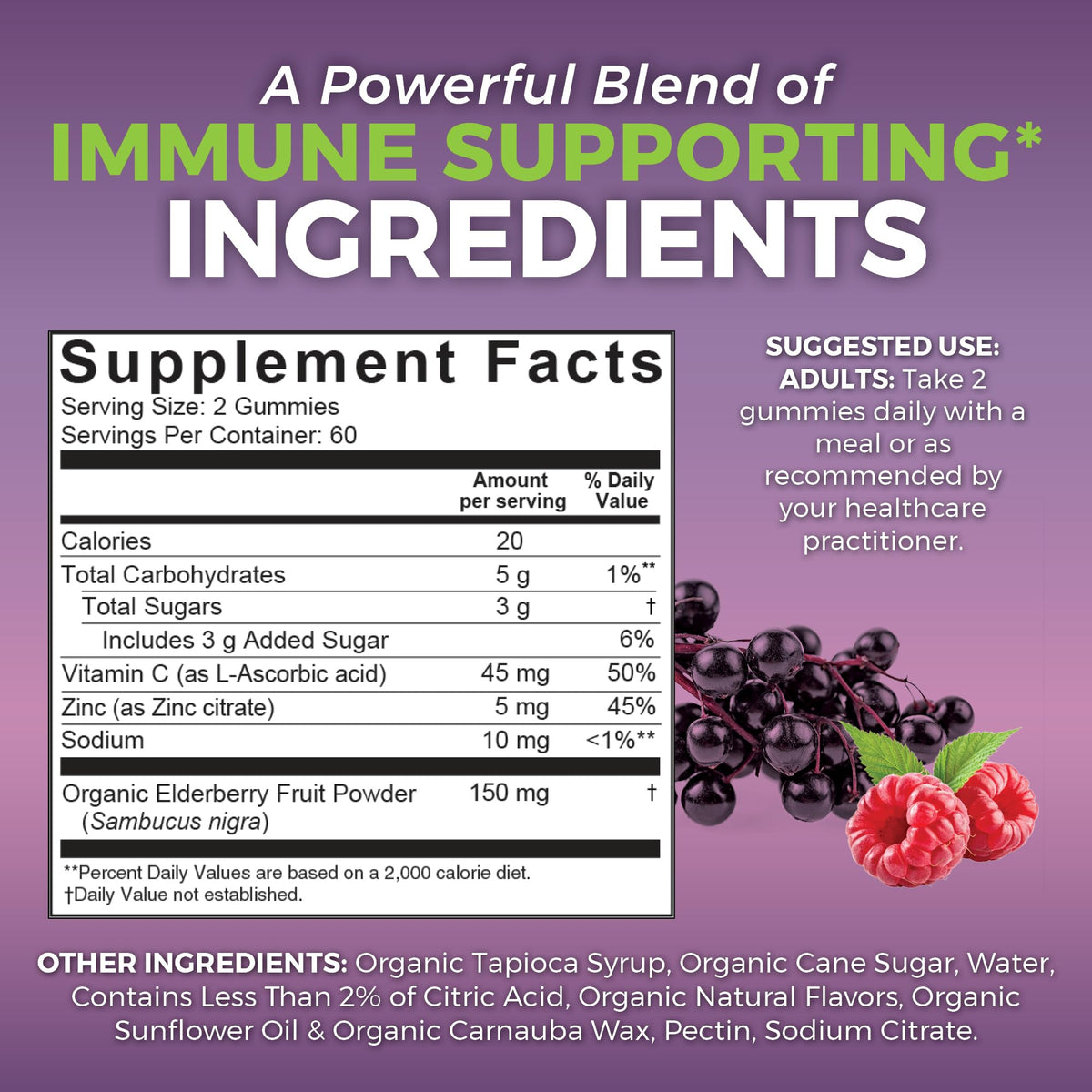 Viva Naturals Sambucus Elderberry Gummies for Adults - 150mg Black Elderberry Vitamin C and Zinc, 3-in-1 Daily Immune Support Gummies, Raspberry Rush Flavor - FENGGESTORE20