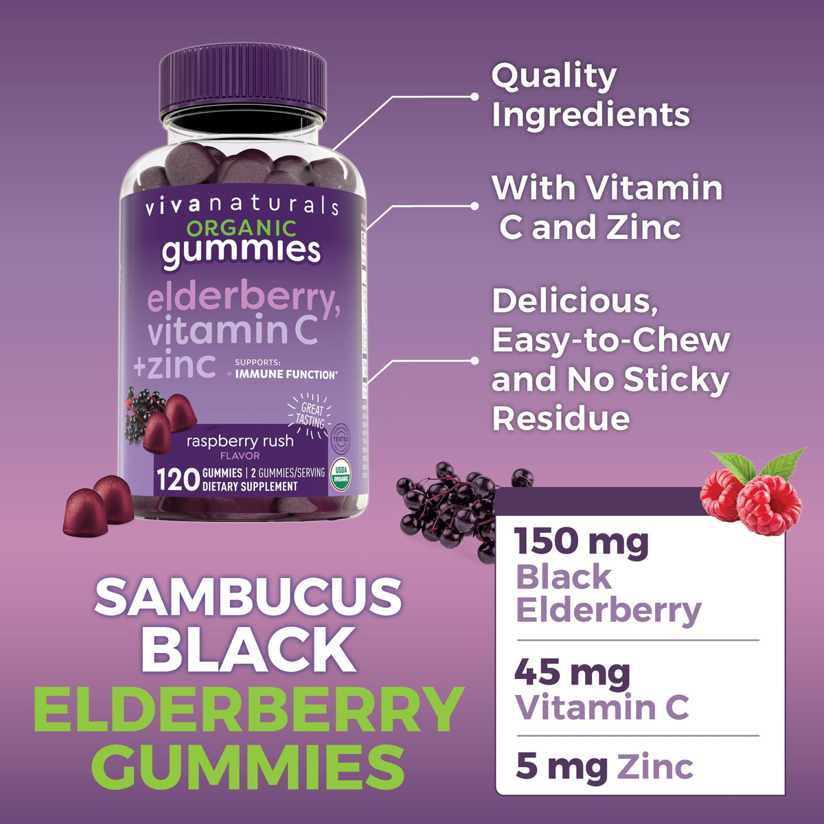 Viva Naturals Sambucus Elderberry Gummies for Adults - 150mg Black Elderberry Vitamin C and Zinc, 3-in-1 Daily Immune Support Gummies, Raspberry Rush Flavor - FENGGESTORE20