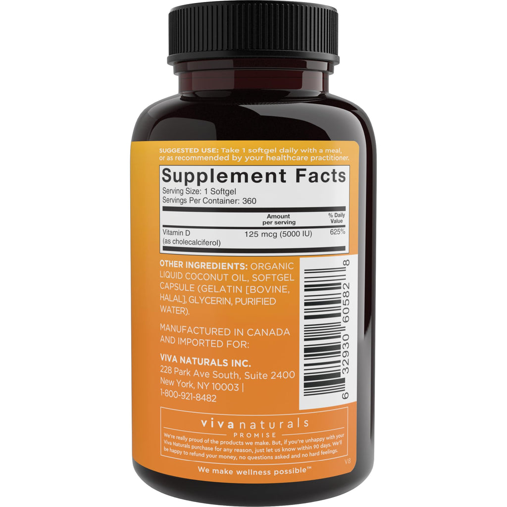 Viva Naturals Vitamin D3 5000 IU Softgels, 360 Count (125 mcg), Supports Bone & Immune Health, High Potency Vitamin D - FENGGESTORE20