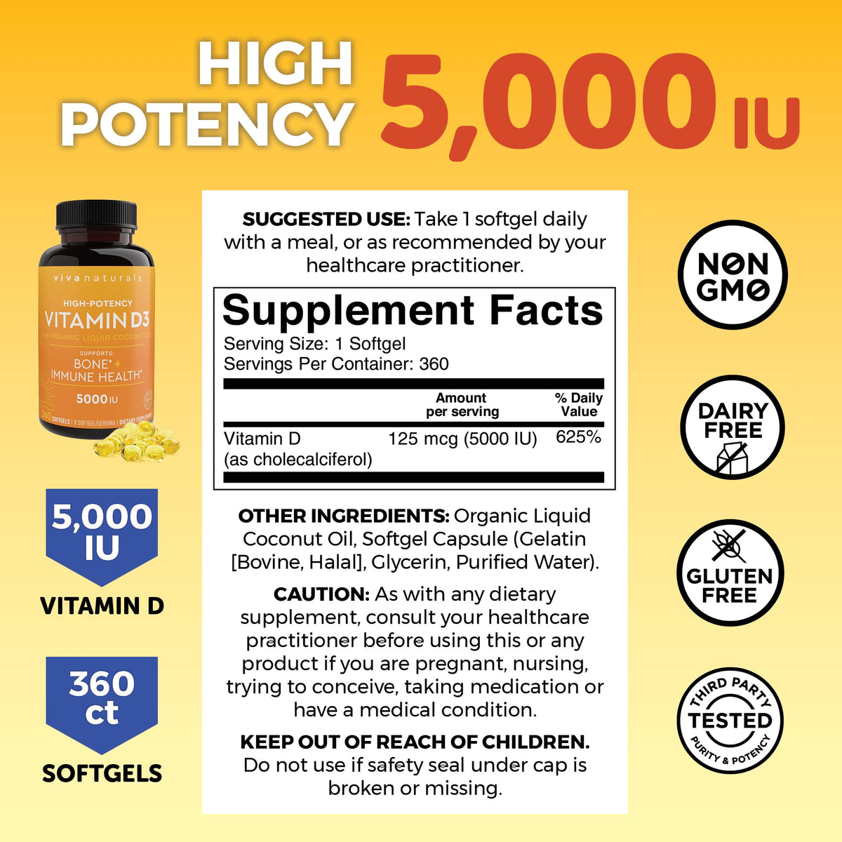 Viva Naturals Vitamin D3 5000 IU Softgels, 360 Count (125 mcg), Supports Bone & Immune Health, High Potency Vitamin D - FENGGESTORE20