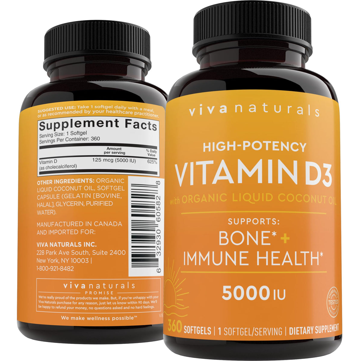 Viva Naturals Vitamin D3 5000 IU Softgels, 360 Count (125 mcg), Supports Bone & Immune Health, High Potency Vitamin D - FENGGESTORE20