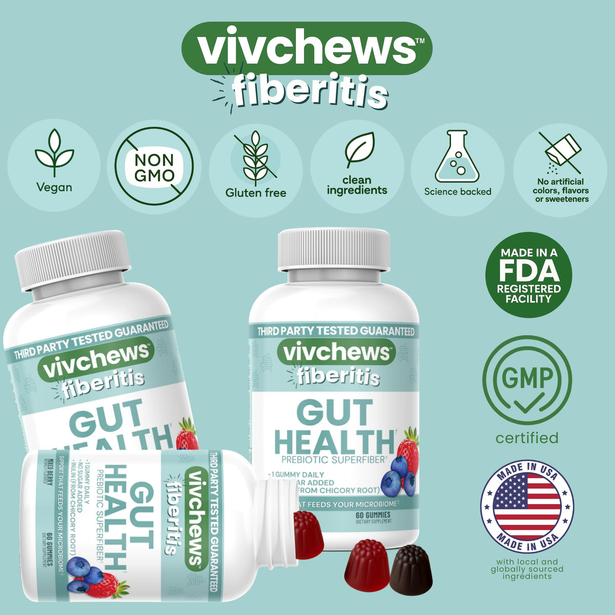 vivchews Gut Health Gummies – Prebiotic Fiber for Bloating Relief, No Sugar Added, Non-GMO, Fruit Pectin Based, Gluten-Free, No Artificial Colors, - FENGGESTORE20