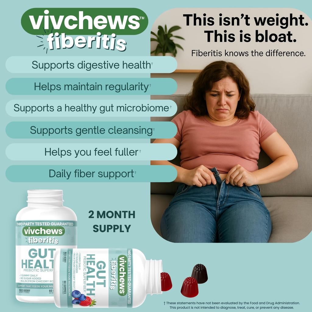 vivchews Gut Health Gummies – Prebiotic Fiber for Bloating Relief, No Sugar Added, Non-GMO, Fruit Pectin Based, Gluten-Free, No Artificial Colors, - FENGGESTORE20
