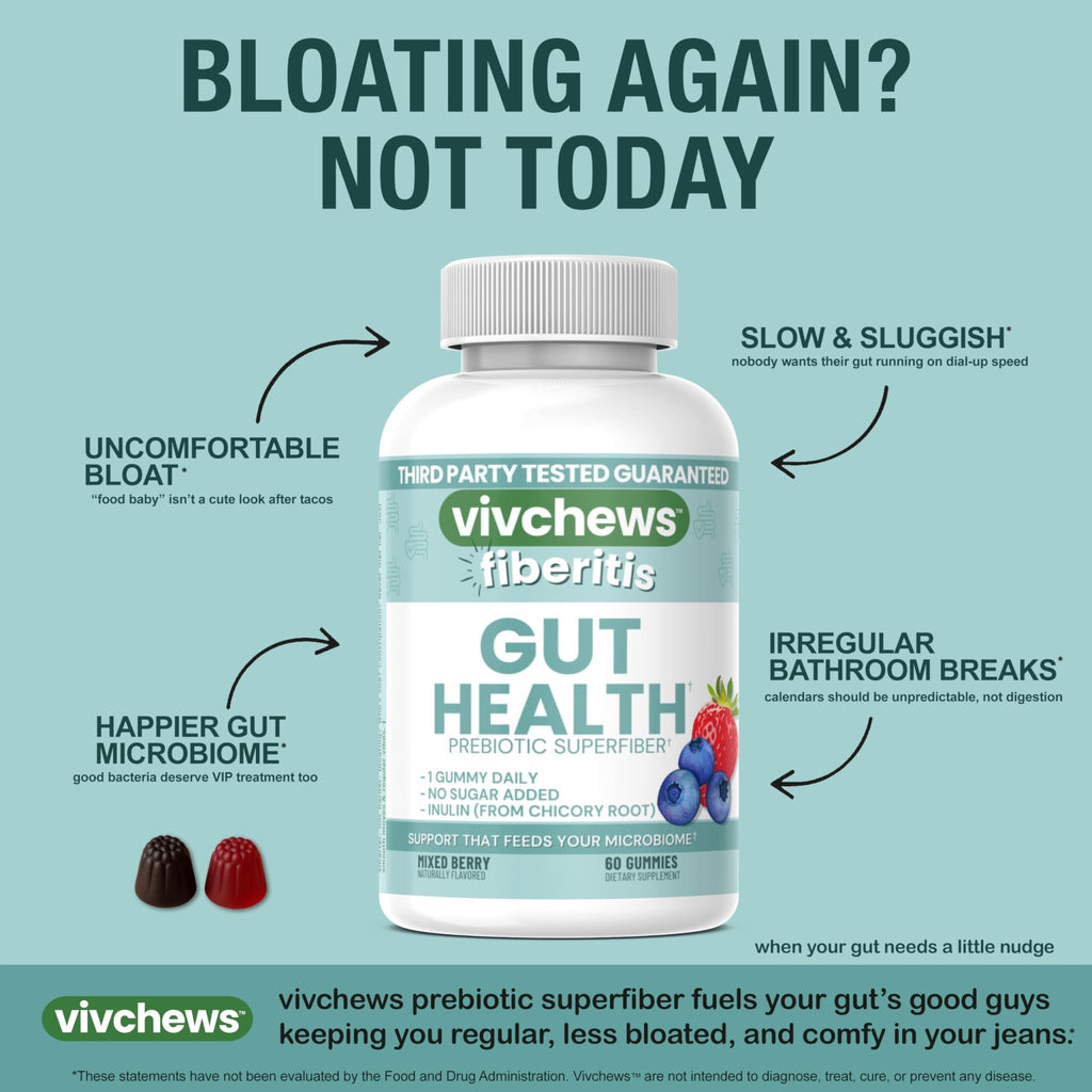 vivchews Gut Health Gummies – Prebiotic Fiber for Bloating Relief, No Sugar Added, Non-GMO, Fruit Pectin Based, Gluten-Free, No Artificial Colors, - FENGGESTORE20
