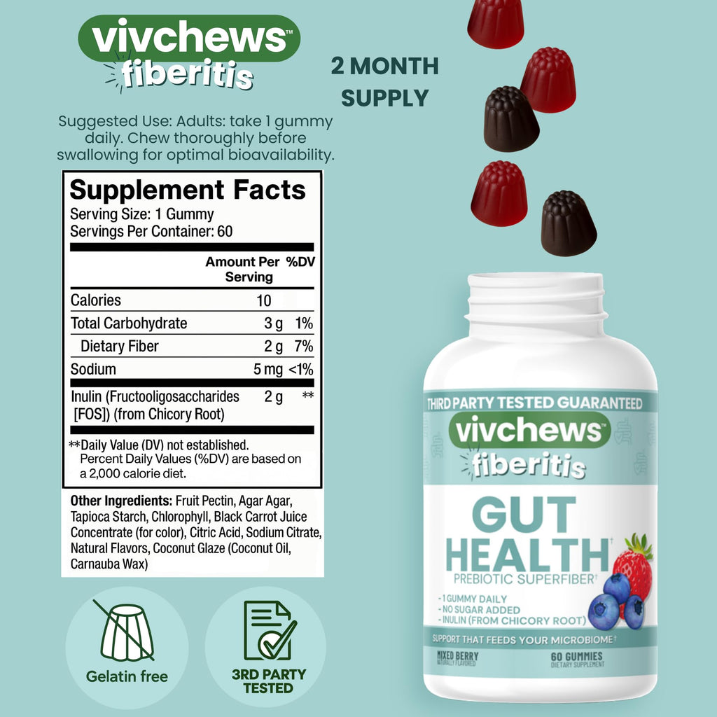 vivchews Gut Health Gummies – Prebiotic Fiber for Bloating Relief, No Sugar Added, Non-GMO, Fruit Pectin Based, Gluten-Free, No Artificial Colors, - FENGGESTORE20