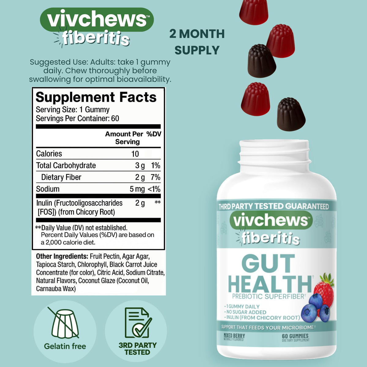 vivchews Gut Health Gummies – Prebiotic Fiber for Bloating Relief, No Sugar Added, Non-GMO, Fruit Pectin Based, Gluten-Free, No Artificial Colors, - FENGGESTORE20