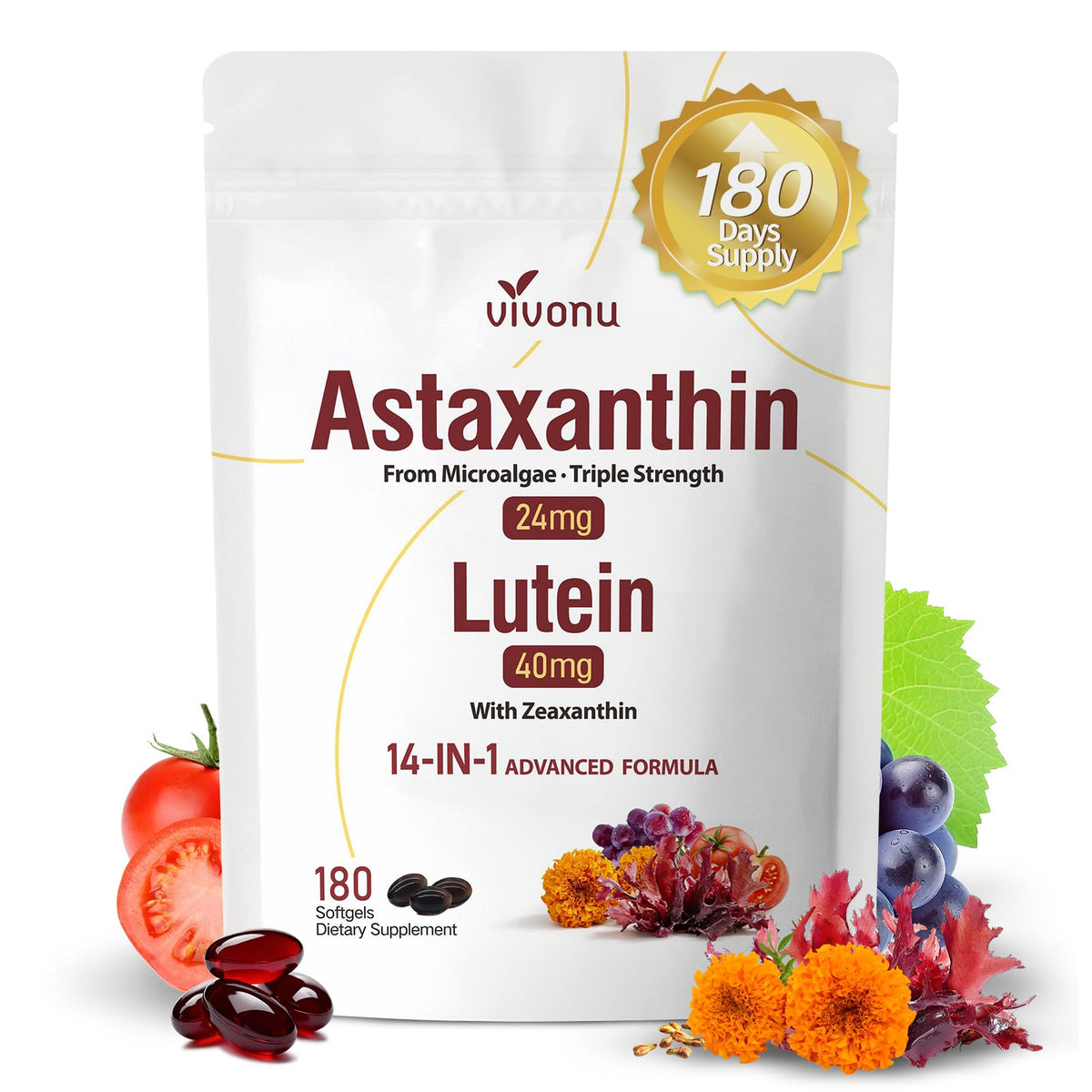 VivoNu 14-in-1 Astaxanthin 24mg & Lutein 40mg with Zeaxanthin Supplements, 6 Month Supply, Fresh Microalgae Source, Gluten Free Non-GMO, Supports Eye - FENGGESTORE20