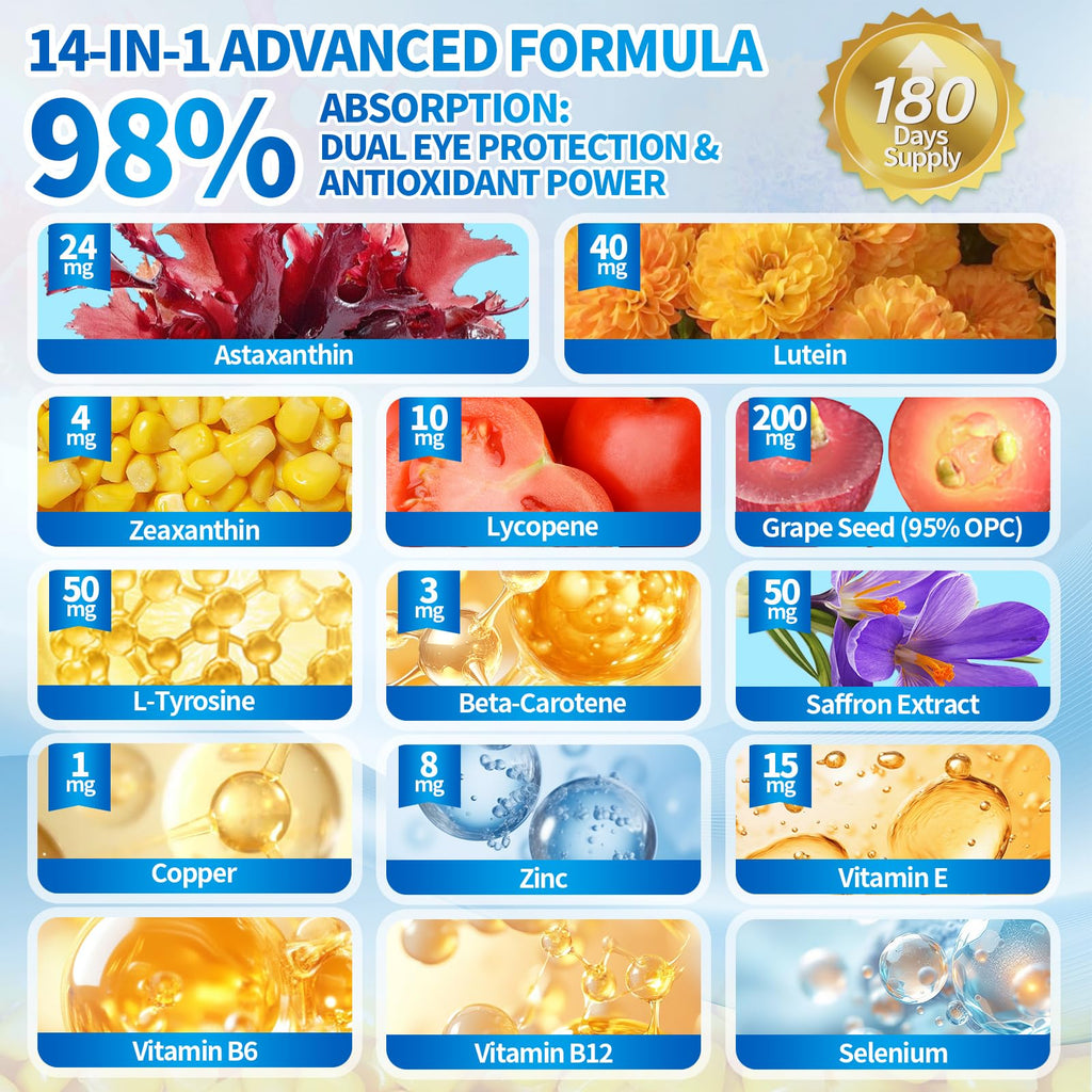 VivoNu 14-in-1 Astaxanthin 24mg & Lutein 40mg with Zeaxanthin Supplements, 6 Month Supply, Fresh Microalgae Source, Gluten Free Non-GMO, Supports Eye - FENGGESTORE20