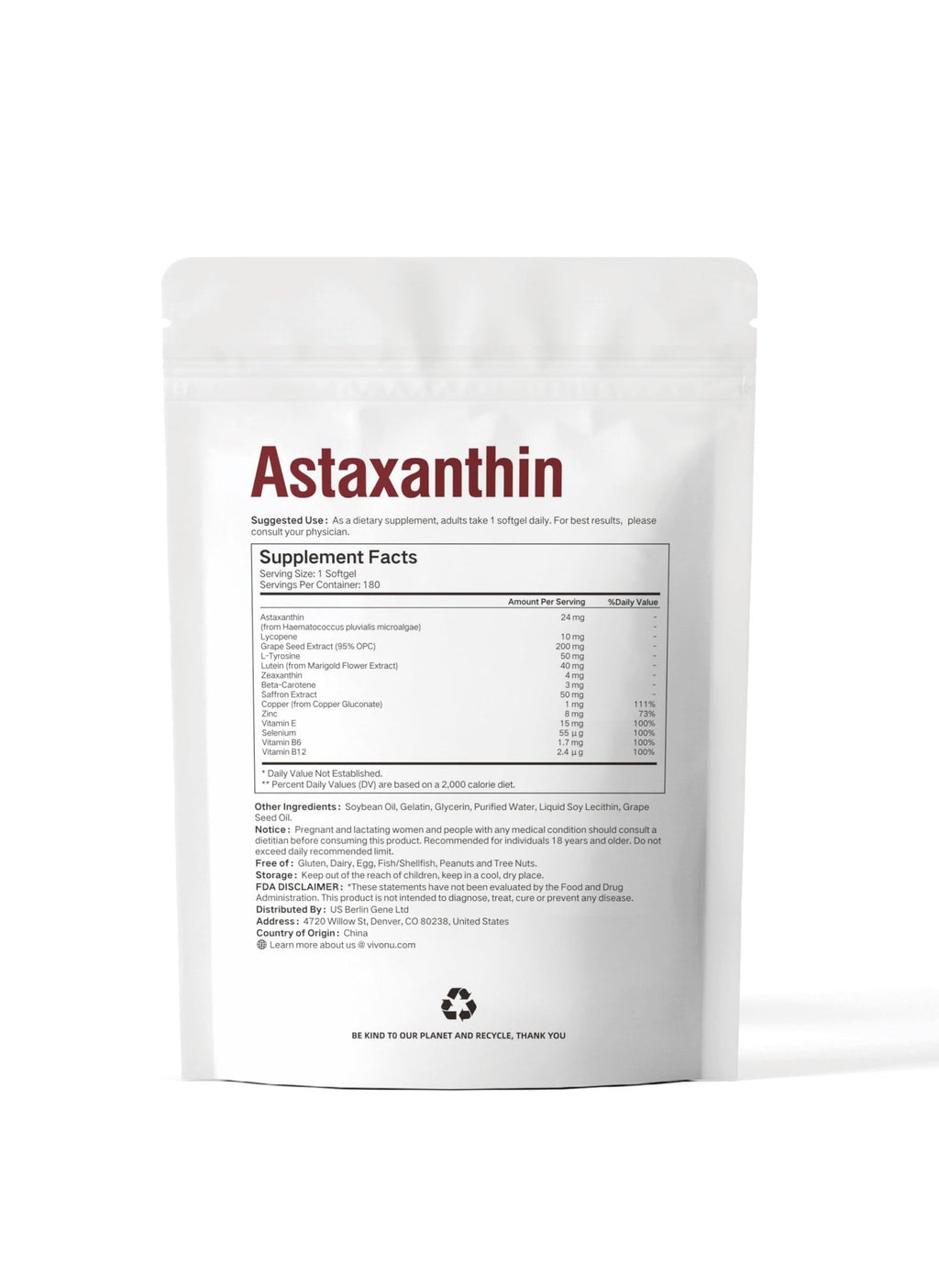 VivoNu 14-in-1 Astaxanthin 24mg & Lutein 40mg with Zeaxanthin Supplements, 6 Month Supply, Fresh Microalgae Source, Gluten Free Non-GMO, Supports Eye - FENGGESTORE20