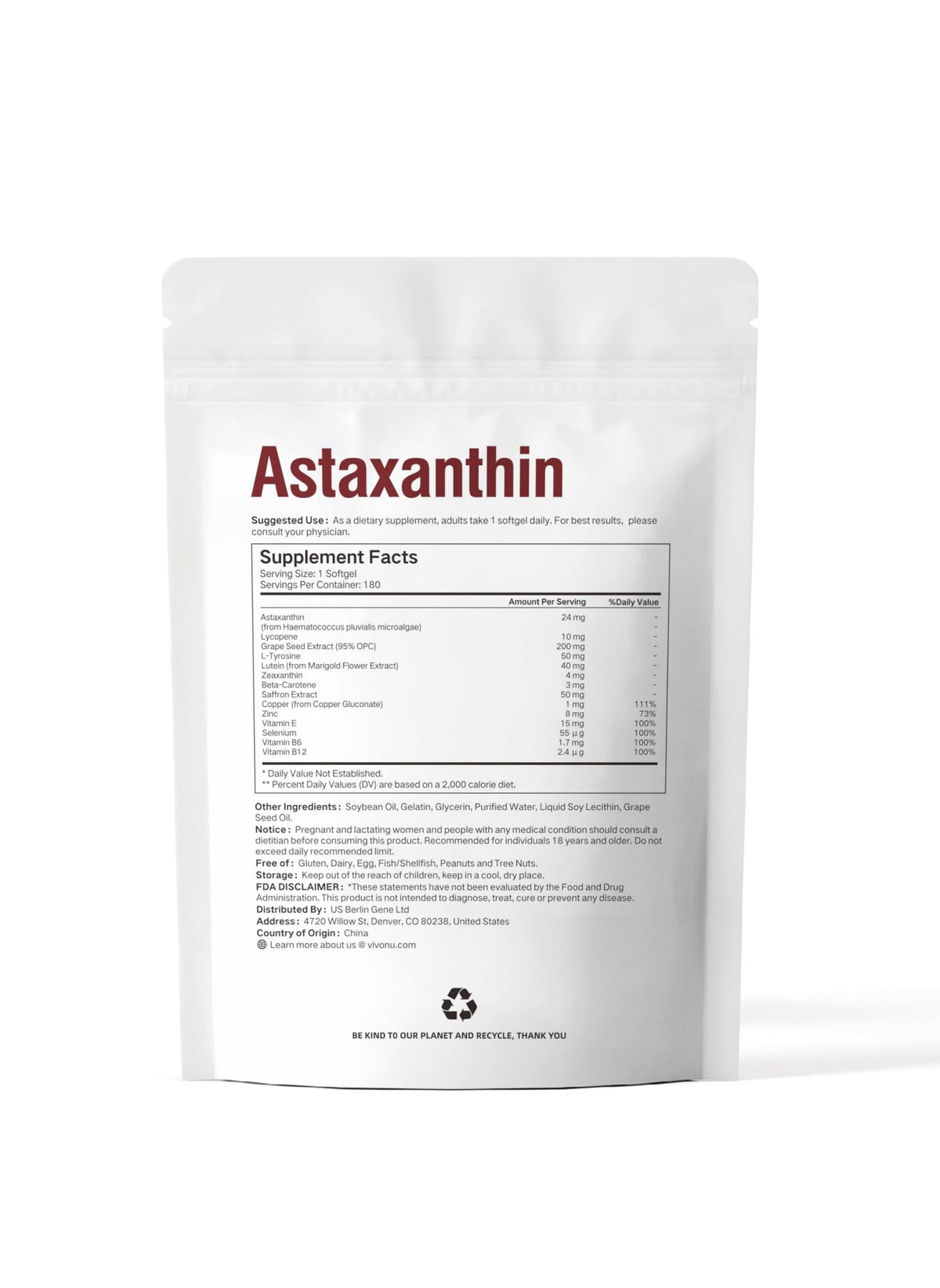 VivoNu 14-in-1 Astaxanthin 24mg & Lutein 40mg with Zeaxanthin Supplements, 6 Month Supply, Fresh Microalgae Source, Gluten Free Non-GMO, Supports Eye - FENGGESTORE20