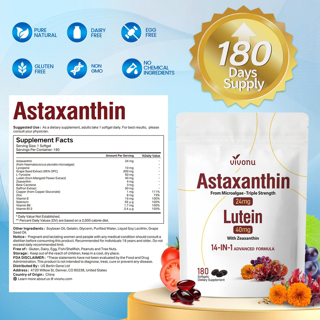 VivoNu 14-in-1 Astaxanthin 24mg & Lutein 40mg with Zeaxanthin Supplements, 6 Month Supply, Fresh Microalgae Source, Gluten Free Non-GMO, Supports Eye - FENGGESTORE20