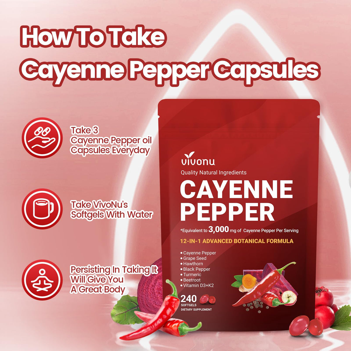 VivoNu Cayenne Pepper Softgels Supplement, Supports Leg Vein, Heart and Blood Vessel Health, with Vitamin E D3+K2 and Extracts of Grape Seed, Hawthorn, Beetroot, Berberine (Softgel / 1 Bag) - FENGGESTORE20