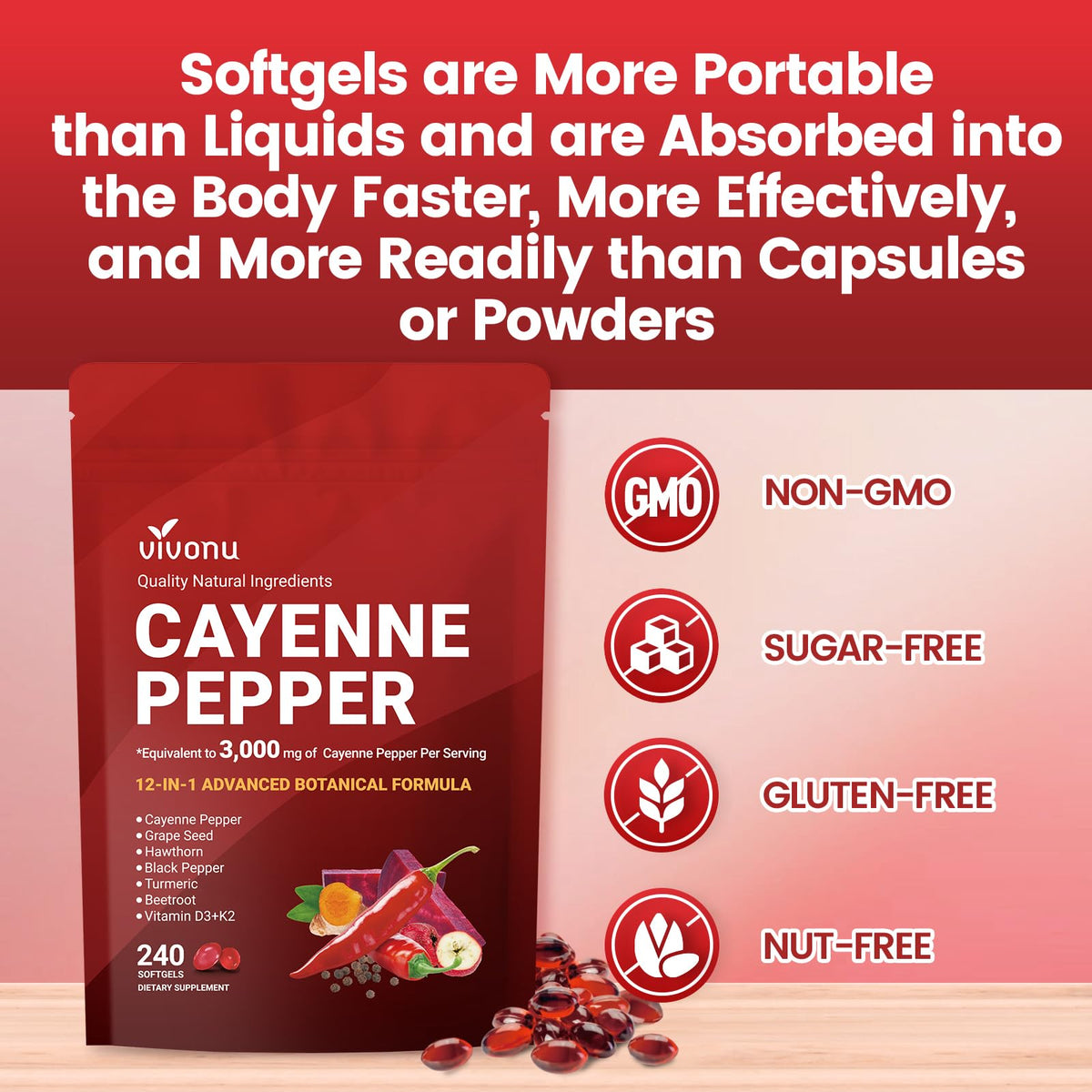 VivoNu Cayenne Pepper Softgels Supplement, Supports Leg Vein, Heart and Blood Vessel Health, with Vitamin E D3+K2 and Extracts of Grape Seed, Hawthorn, Beetroot, Berberine (Softgel / 1 Bag) - FENGGESTORE20