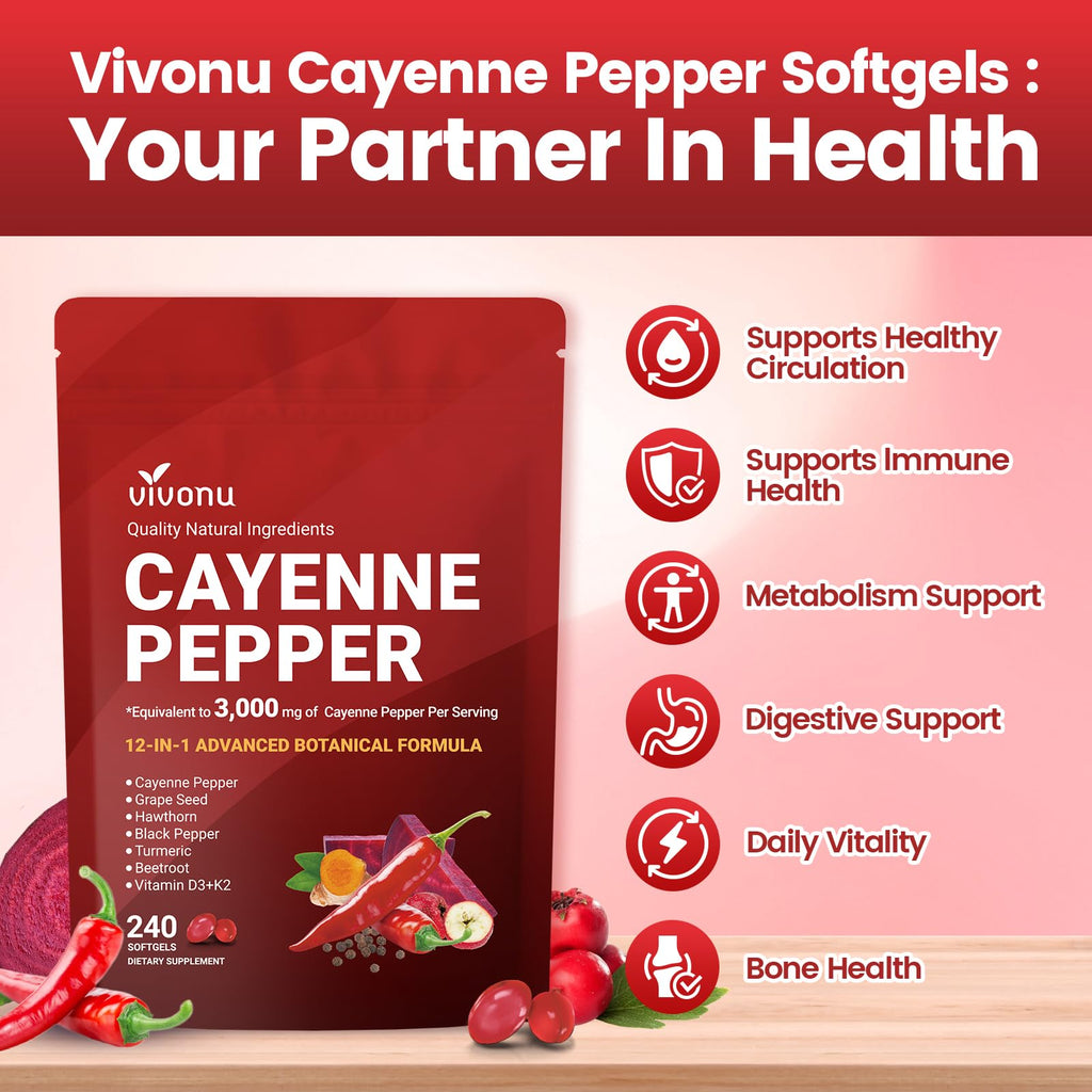VivoNu Cayenne Pepper Softgels Supplement, Supports Leg Vein, Heart and Blood Vessel Health, with Vitamin E D3+K2 and Extracts of Grape Seed, Hawthorn, Beetroot, Berberine (Softgel / 1 Bag) - FENGGESTORE20