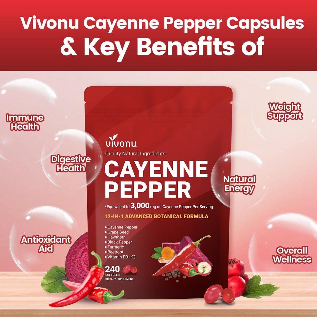 VivoNu Cayenne Pepper Softgels Supplement, Supports Leg Vein, Heart and Blood Vessel Health, with Vitamin E D3+K2 and Extracts of Grape Seed, Hawthorn, Beetroot, Berberine (Softgel / 1 Bag) - FENGGESTORE20