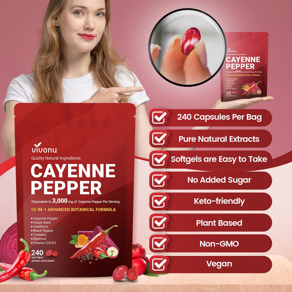 VivoNu Cayenne Pepper Softgels Supplement, Supports Leg Vein, Heart and Blood Vessel Health, with Vitamin E D3+K2 and Extracts of Grape Seed, Hawthorn, Beetroot, Berberine (Softgel / 1 Bag) - FENGGESTORE20