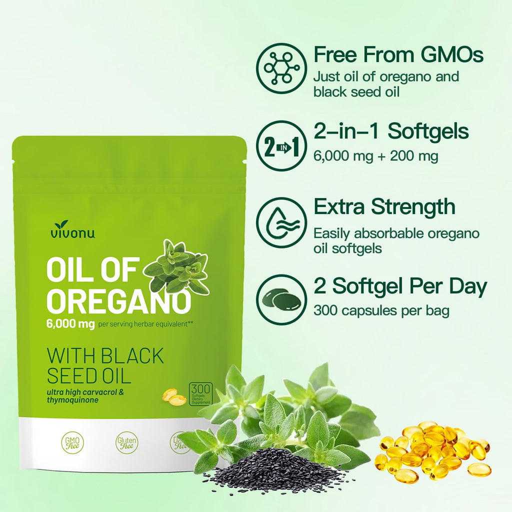 VivoNu Oil of Oregano with Black Seed Oil, Balanced Oil of Oregano Capsules, 300 Count Organic OreganoOil Softgels - FENGGESTORE20