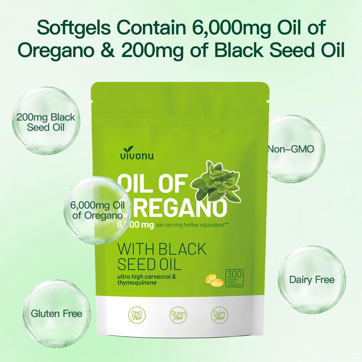 VivoNu Oil of Oregano with Black Seed Oil, Balanced Oil of Oregano Capsules, 300 Count Organic OreganoOil Softgels - FENGGESTORE20