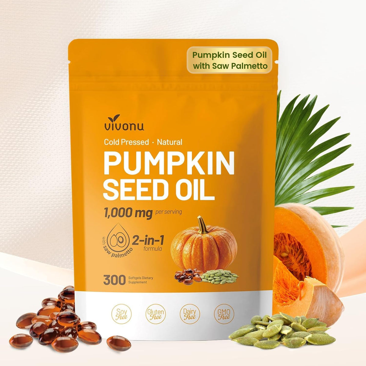 VivoNu Pumpkin Seed Oil with Saw Palmetto Capsules | Cold Pressed, Pure Virgin Oil, Essential Fatty Acids & Phytosterols | 300 SoftgelsSupports Hair, Urinary - FENGGESTORE20