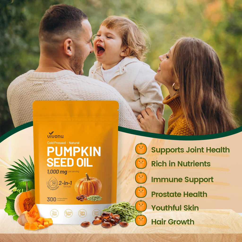 VivoNu Pumpkin Seed Oil with Saw Palmetto Capsules | Cold Pressed, Pure Virgin Oil, Essential Fatty Acids & Phytosterols | 300 SoftgelsSupports Hair, Urinary - FENGGESTORE20